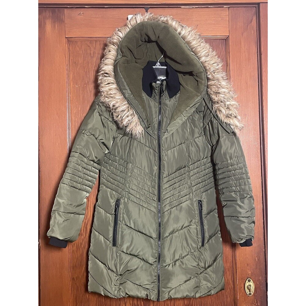 Diesel Jacket Womens 12 Green Faux Fur Full Zip Quilted Puffer Hooded Outdoor